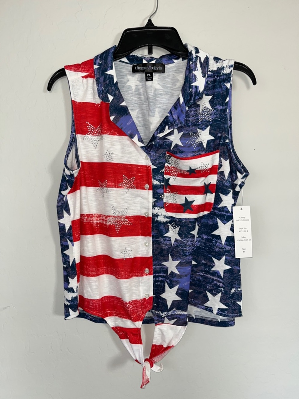 Thomas & Olivia Women’s American Flag Sleeveless Tie-Front Button-Up Top Size PL